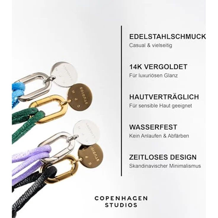 Copenhagen STUDIOS Fabric Link Bracelet, Damenarmband aus 14K vergoldetem Edelstahl mit grünem Stoffband und Karabiner-Charm, stufenlos verstellbar – Bild 3