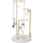 Relaxdays Schmuckständer, Marmor Ablage mit 3 Metall Stangen für Ketten, Ohrringe und Armbänder, 35x18 cm, gold