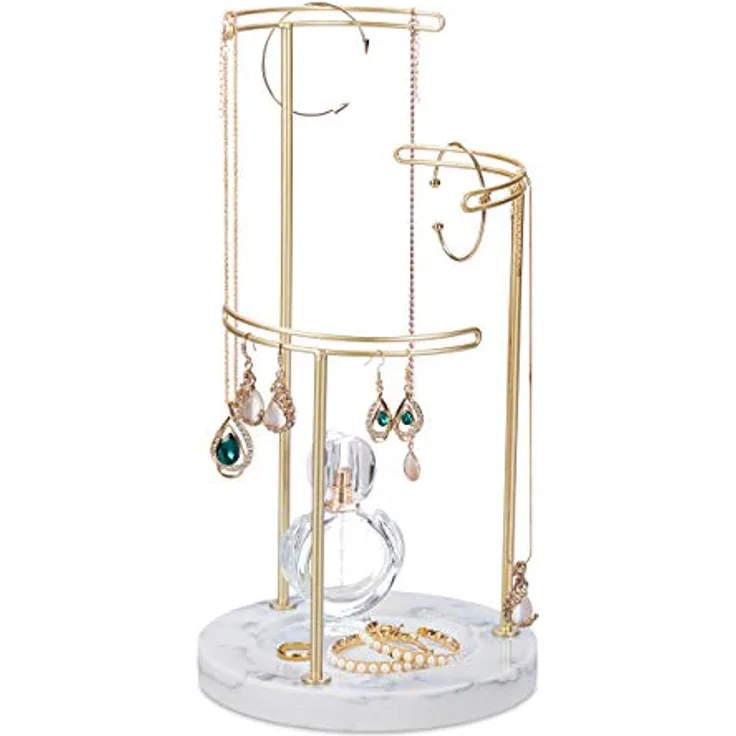 Relaxdays Schmuckständer, Marmor Ablage mit 3 Metall Stangen für Ketten, Ohrringe und Armbänder, 35x18 cm, gold