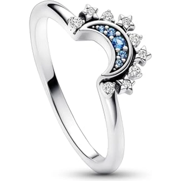 PANDORA Celestial Blue Sparkling Moon Ring 192675C01-60, Damenring aus Sterlingsilber mit blauen Steinen, stapelbar – Bild 3