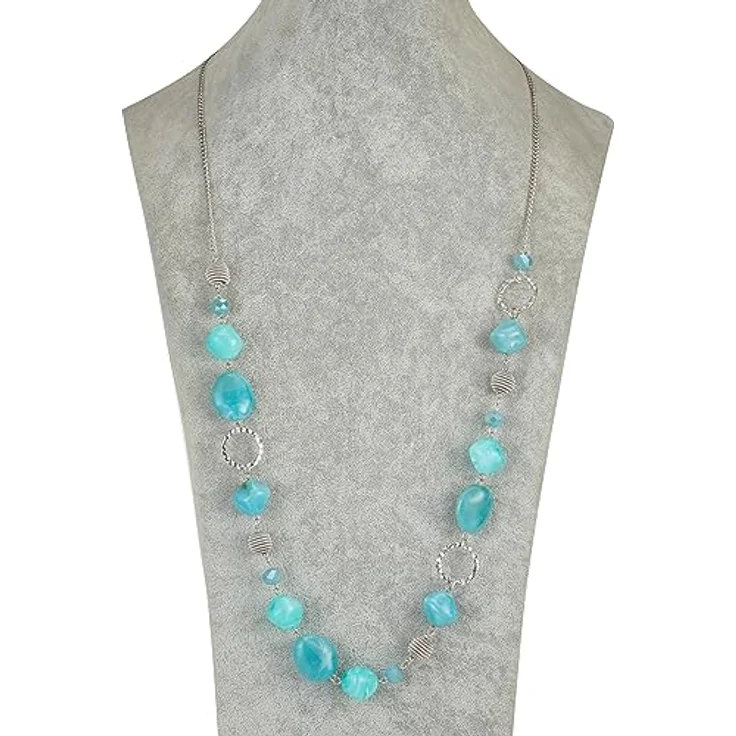 Bulinlin Silber Perplen Langkette für Damen, Boho Statement Chain Halskette in Dunkel Hell Türkis, 35+3 Zoll, langlebig und nickelfrei, ideales Geburtstagsgeschenk – Bild 3