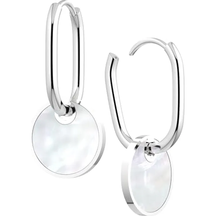 THIORA 'Pearl Oasis' Creolen Silber, Echte Perlmutt Plättchen, Premium Edelstahl Hoops, 12.5mm x 18.5mm, Zeitlose Eleganz, Geschenk in schöner Schmuckbox