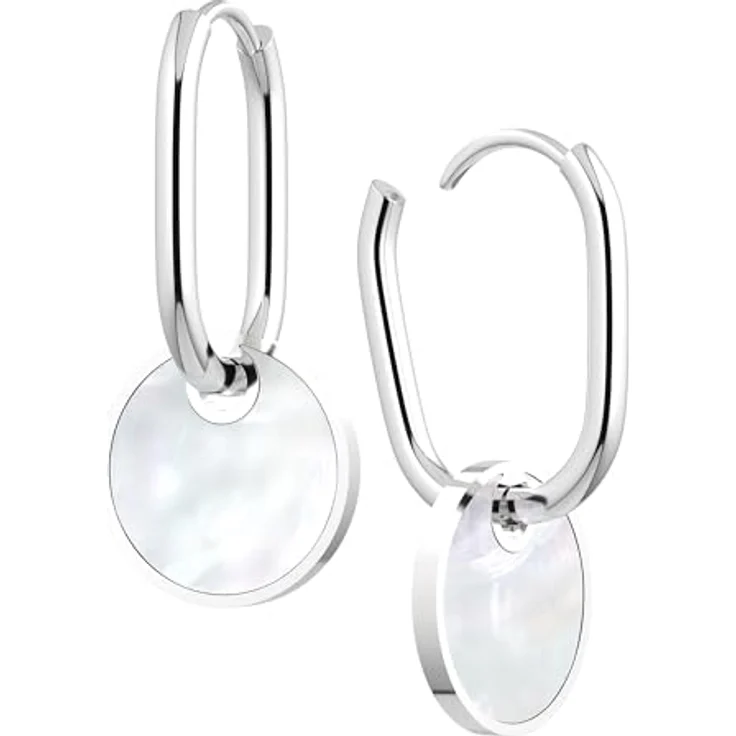 THIORA 'Pearl Oasis' Creolen Silber, Echte Perlmutt Plättchen, Premium Edelstahl Hoops, 12.5mm x 18.5mm, Zeitlose Eleganz, Geschenk in schöner Schmuckbox – Bild 1
