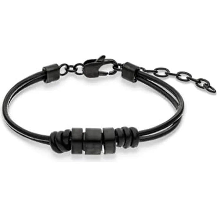 s.Oliver Herren Armband aus Echtleder, schwarz, mit Edelstahldetails, 22 cm, klassisches Design, perfekte Geschenkidee