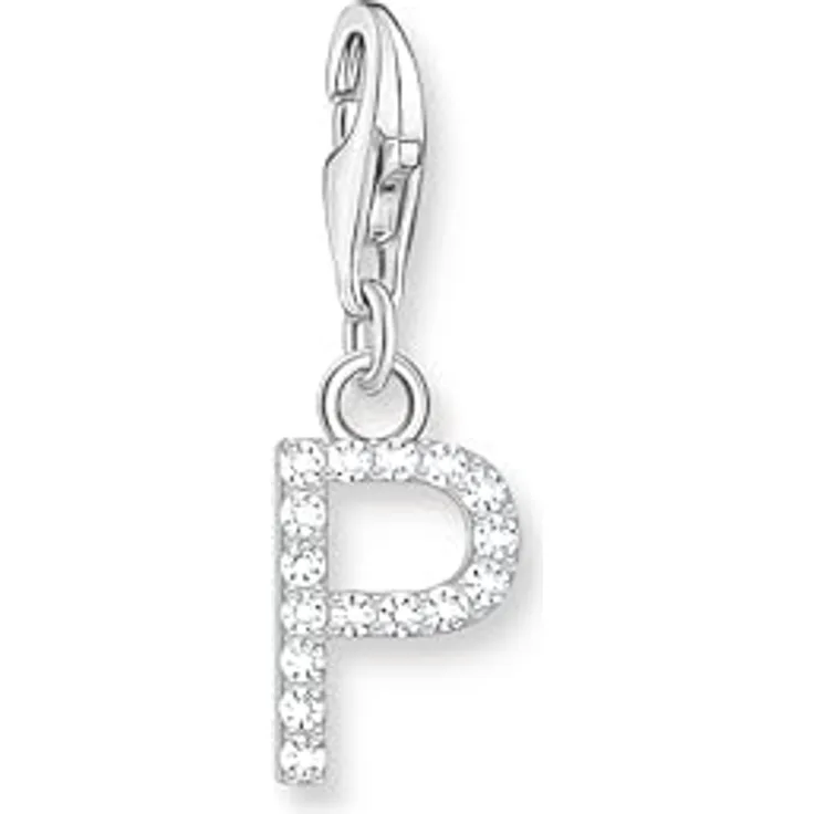 THOMAS SABO Charm-Anhänger Buchstabe P, 925 Sterling Silber mit weißen Steinen, Karabinerhakenverschluss