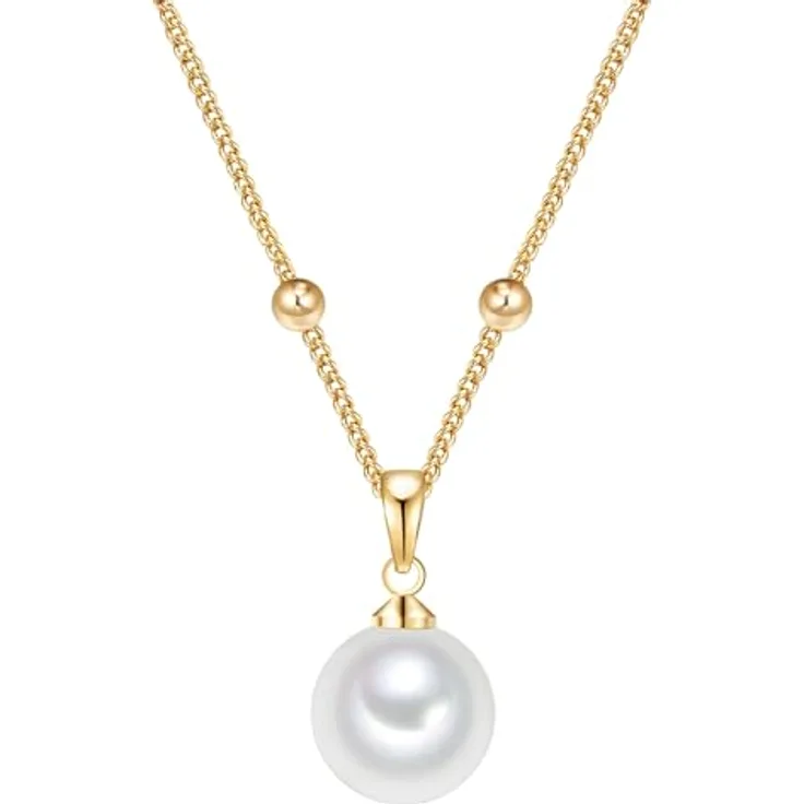 Lulu & Jane Damen Kette aus Messing mit runder Muschelkernperle, gelbgold, 42 cm + 5 cm Verlängerung