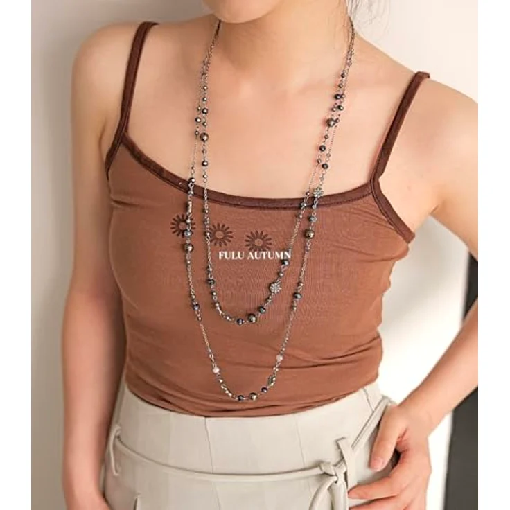 FULU AUTUMN Lange Perlenkette Damen mit Silber und Schwarz, Vintage Statement Kette aus Kristallen und Perlen, elegantes Modeschmuck Geschenk für Frauen (Blau) – Bild 4
