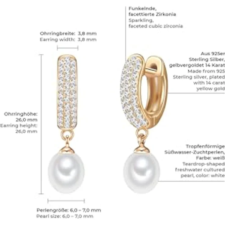 Valero Pearls Damen-Creolen, Klappcreolen aus 925er Sterling Silber gelbvergoldet mit weißen Süßwasser-Zuchtperlen und Zirkonia-Steinen – Bild 2