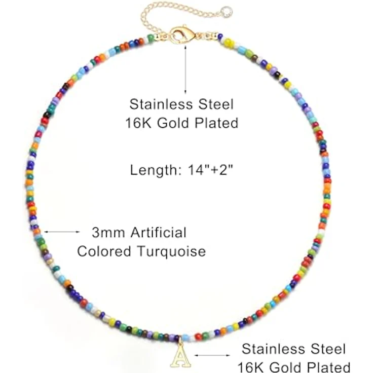TINGN Bunte Perlen Kette mit Buchstaben Z, Modeschmuck für Teenager Mädchen, verstellbar 35cm + 5cm, Edelstahl goldvergoldet, personalisierte Geschenke für Frauen und Mädchen – Bild 5
