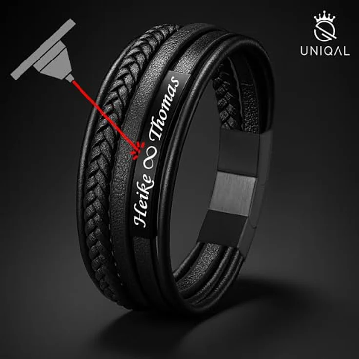 Q UNIQAL STORE GERMANY UNIQAL Personalisiertes Lederarmband mit Gravur "SHAPE" für Herren und Damen, Magnetverschluss, Echtes Rindsleder, Schwarze Platte, 21 cm – Bild 2