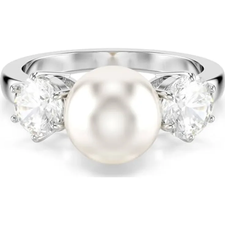 Swarovski Matrix Cocktailring, Weißer rhodinierter Ring mit Kristallperle und strahlenden Kristallen im Rundschliff