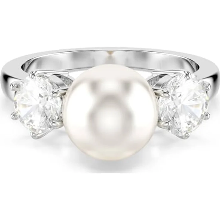 Swarovski Matrix Cocktailring, Weißer rhodinierter Ring mit Kristallperle und strahlenden Kristallen im Rundschliff – Bild 1