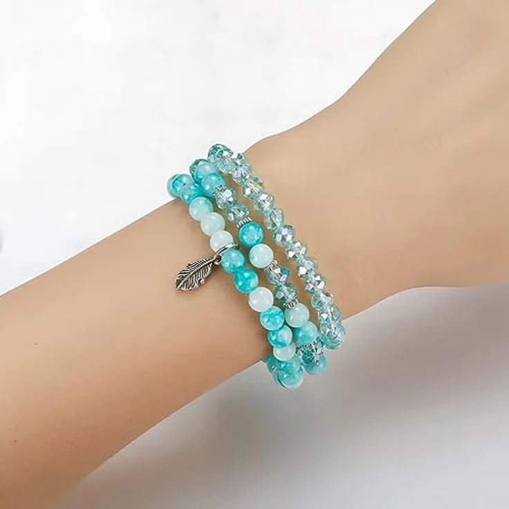 FULU AUTUMN Perlenarmband Set, Stretch Damen Armband, 3-lagig, Boho Modeschmuck, Naturstein, Türkis – Bild 3