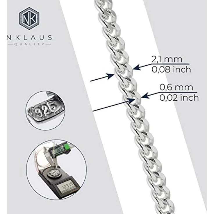 NKlaus Silberkette Damen STERLING SILBER 925, 2,10mm, 100cm, klassisches Panzerdesign, leicht und langlebig – Bild 2