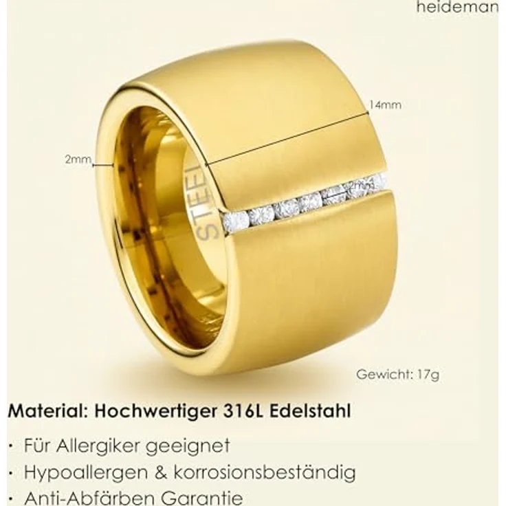 Heideman Damenring Lines, Edelstahl gold farbend poliert mit Zirkonia Stein 1,5mm im Brillant Schliff, golden – Bild 5