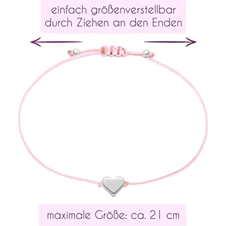 Selfmade Jewelry Armband Damen Herz Silber, Handmade Makramee Armbändchen mit Größenverstellung und Geschenkverpackung (Silber - Rosa) – Bild 3