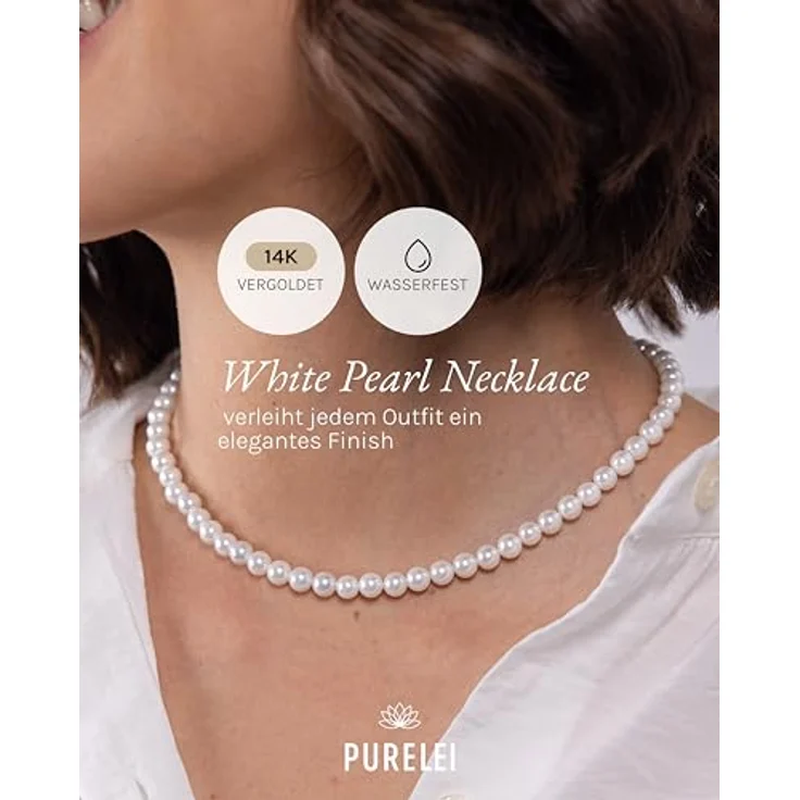 Purelei White Pearl Kette Gold, Elegante Damen Halskette aus Edelstahl mit Muschelperlen, Wasserfest, verstellbare Länge von 35 bis 40 cm, Minimalistischer Modeschmuck – Bild 2