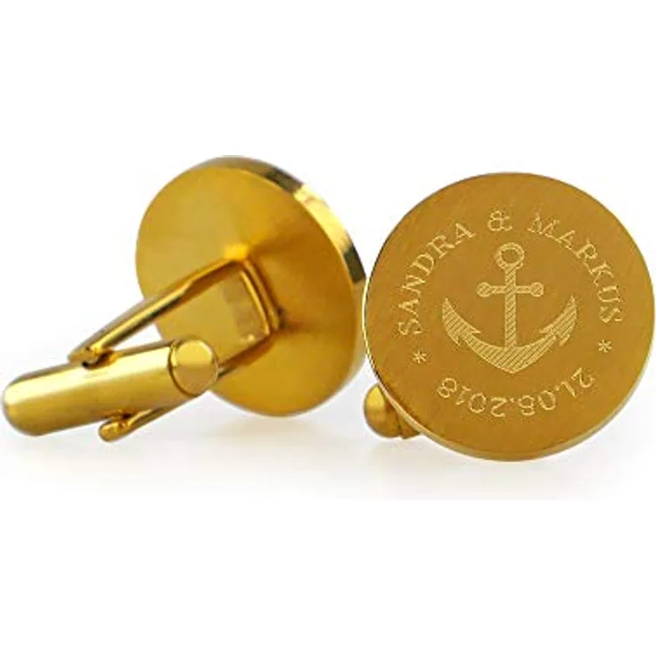 Gravado Runde Manschettenknöpfe 18K Gold-Edelstahl mit Anker Gravur, personalisiert mit Namen und Datum, Anzug Accessoires für Herren