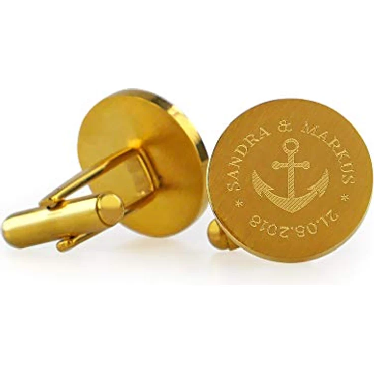 Gravado Runde Manschettenknöpfe 18K Gold-Edelstahl mit Anker Gravur, personalisiert mit Namen und Datum, Anzug Accessoires für Herren – Bild 1