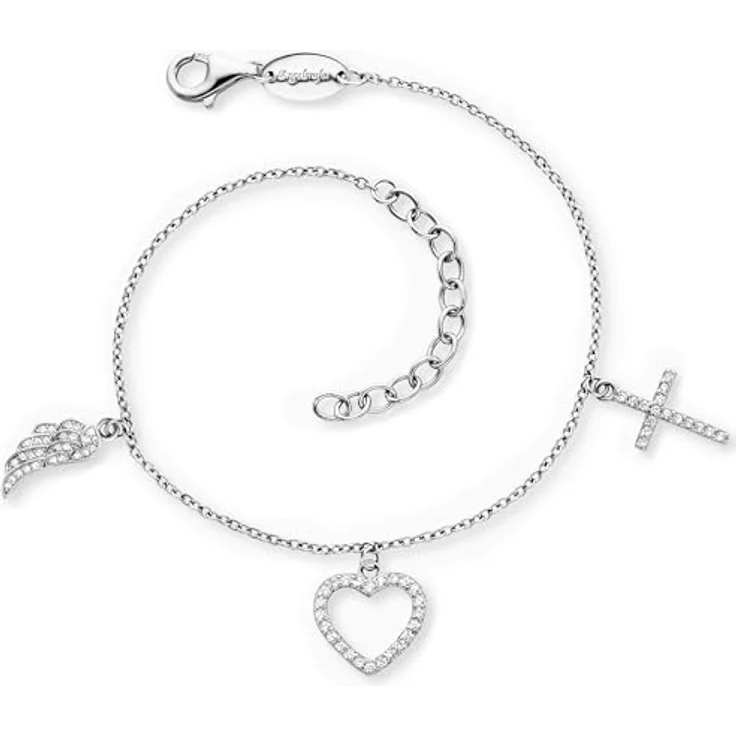 Engelsrufer Damen Armband aus Sterling Silber, Zirkonia, Anhänger Kreuz Herz Engelsflügel, längenverstellbar, nickelfrei, Karabinerverschluss – Bild 1