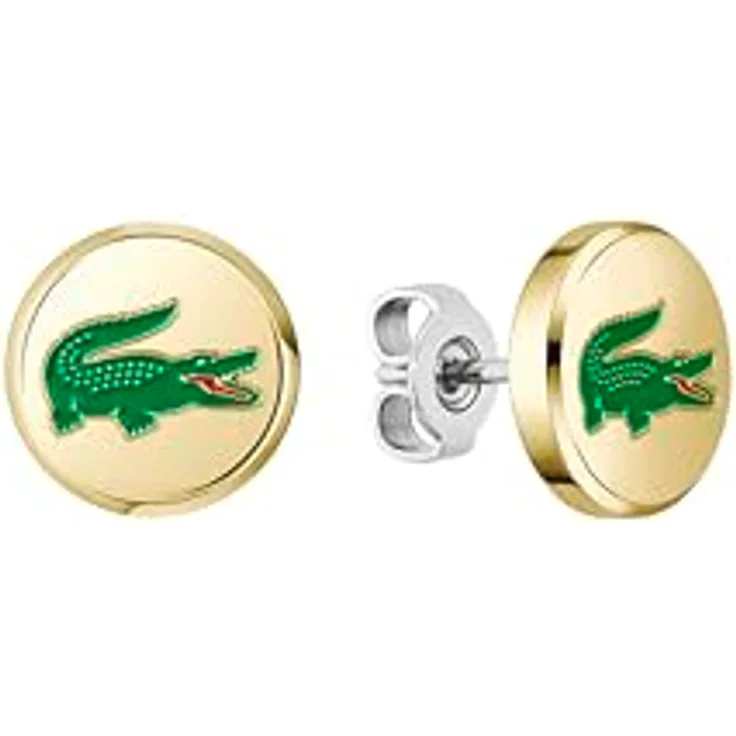 Lacoste Steckerohrringe ARTHOR, Gelbgold mit grünem Krokodil aus Emaille, 10,5 x 2,5 mm, Butterfly-Verschluss