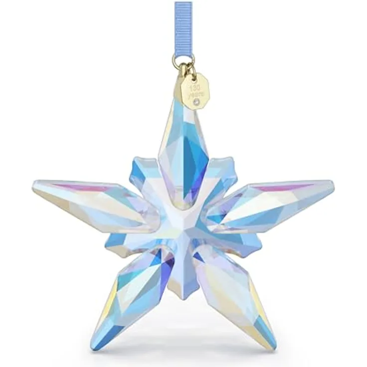 Swarovski Annual Edition Jubiliäumsornament 130 Jahre 2025, Festliches hellblaues Kristallornament im Stern-Design, mit hellblauem Ripsband, Größe: 10.9 x 1.8 x 9.4 cm