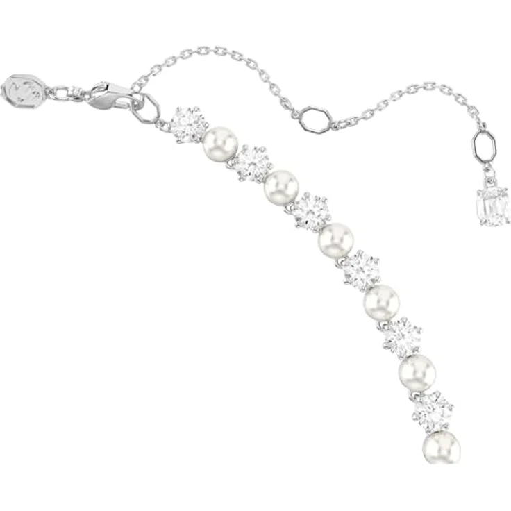 Swarovski Matrix Tennis Halskette, Rhodinierte Damenhalskette mit weißen Kristallen und kleinen Kristallperlen, Länge: 41-44 cm – Bild 4