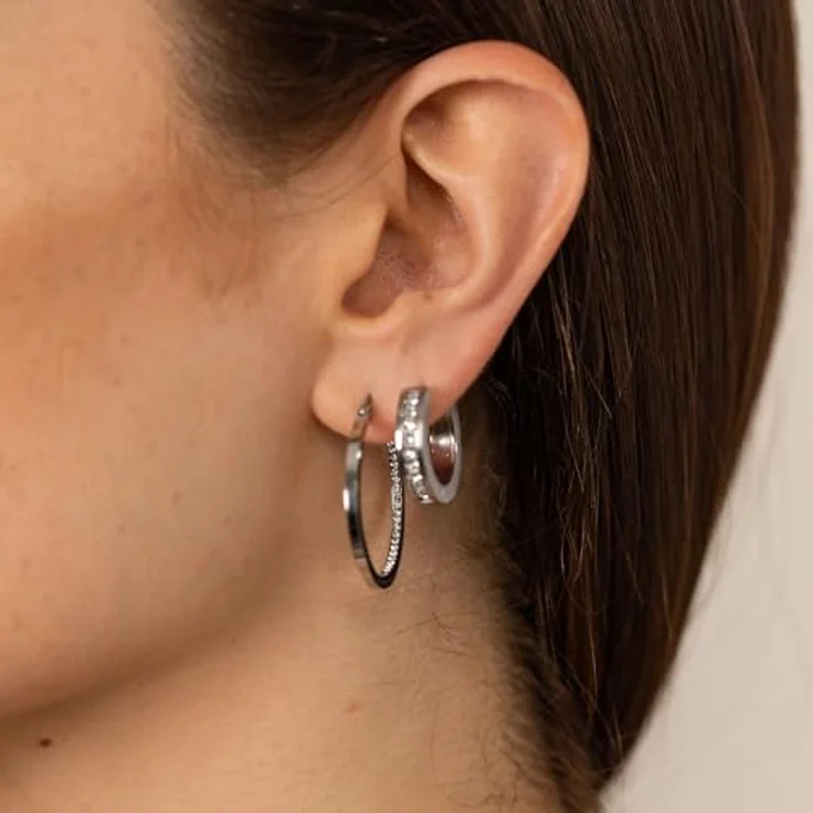 Purelei Inner Shine Creolen Ohrringe, Edelstahl 18K vergoldet, Zirkonia-Steine, 30 mm Ø, 2 mm Breite, Damen Ohrringe (Silver) – Bild 4