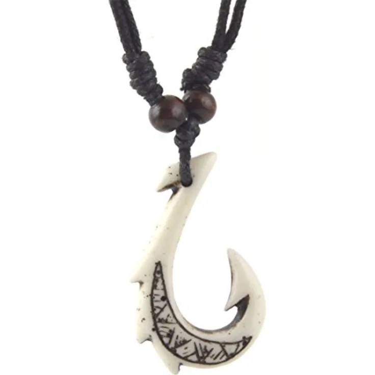 HZMAN Hawaiian White Fish Hook Anhänger, Harz mit Hanf Schnur Kette, Maori Stammes-Halskette, 3.2 * 4.8 cm, Geschenkbox inkludiert