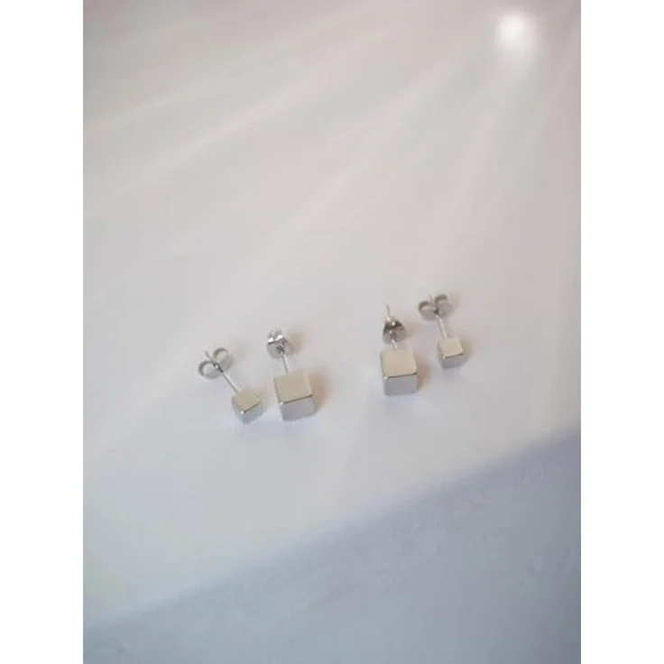 Purelei Würfel-Ohrring-Set, 2 Paar minimalistische Edelstahl-Ohrstecker, 14K vergoldet, geometrischer Look, klein & groß, wasserfest, Silber – Bild 3