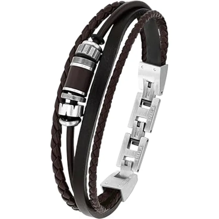 s.Oliver Armband Edelstahl Leder, Herren Armschmuck, 18,5+1,5+1,5 cm, Grau, mit Klappverschluss, in Geschenk Box, 2038871