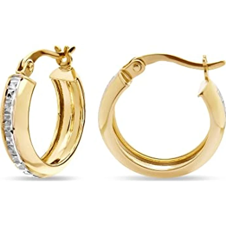 FAVS Creolen 88403819, Bicolor Goldohrringe mit silberner Spur und teildiamantierter Linie, Klappringverschluss – Bild 3