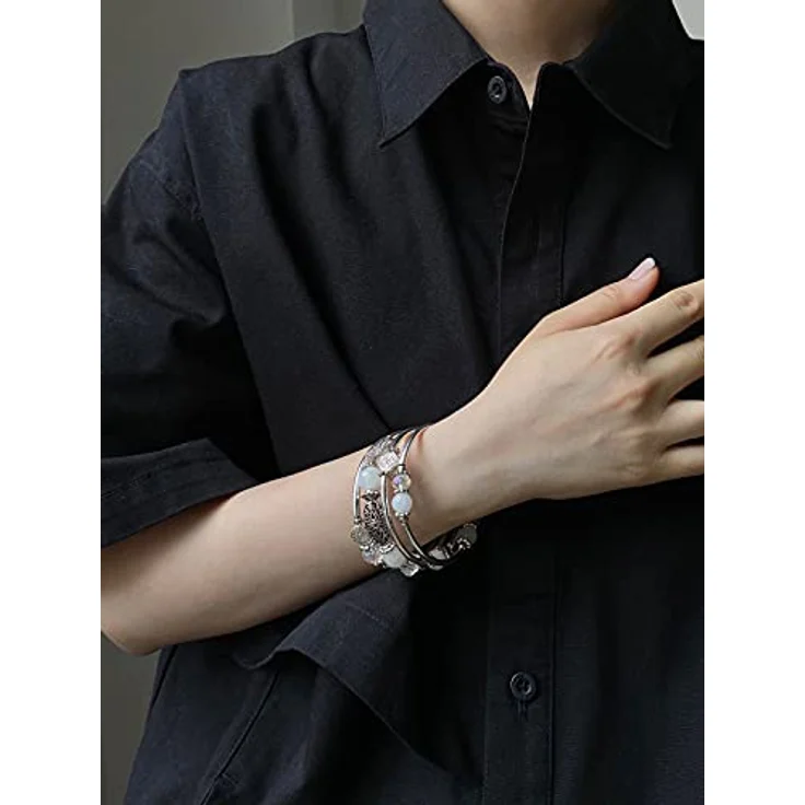 FULU AUTUMN Damen Boho Armband, mehrschichtiges Perlen Silber Wickelarmband aus Legierung, mit Geschenkbox, weiß – Bild 3