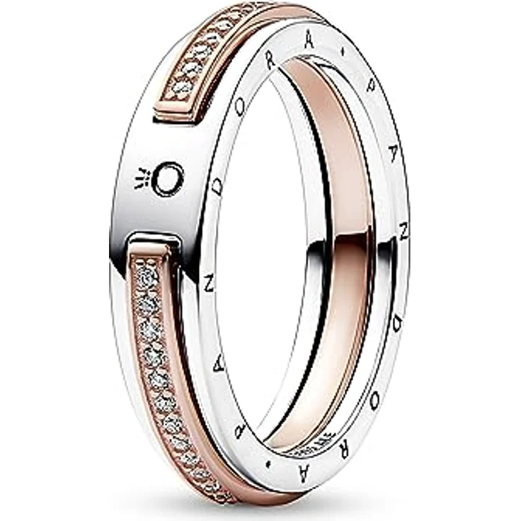 Pandora Silberring Damen-Zweifarbig mit Logogravur und Pavé, 925 Sterlingsilber und Pandora Rose, 5 mm Breite – Bild 1