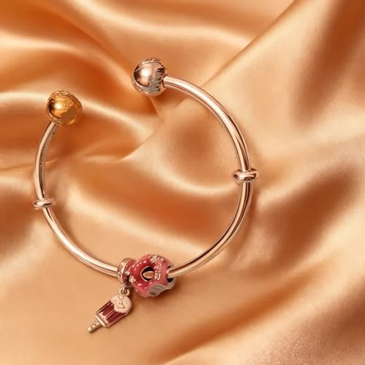 Anduonie Donut Charm Anhänger aus 925er Silber mit Gold Stopper, Rot, kompatibel mit europäischen Armbändern und Halsketten für Frauen – Bild 5