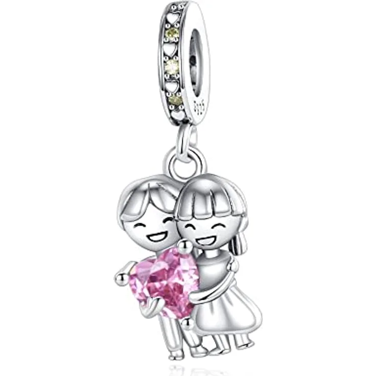Amuefer Loved Couples Charm, Herz Rosa Dangle aus 925 Sterling Silber mit Zirkonia für Armbänder und Ketten, perfektes Geschenk für Frauen