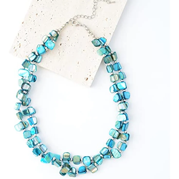 Bulinlin Boho Bunte Perlenkette Damen Muschelkette, Verstellbar, 43 cm + 7 cm Verlängerung, in Türkis, Handgemachte Choker Halskette für Strand und Sommer – Bild 5