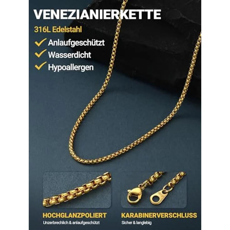 PROSTEEL Venetial Box Briolette Halskette, 3mm Edelstahl Kette in Gold, 46cm, für Herren und Damen – Bild 2