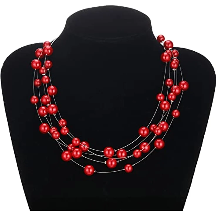 FULU AUTUMN Boho Perlenkette Damen Silber Mehrreihige Statement Kette, Perlen, 17" + 2.7" Verlängerung, rot, Zubehör für Geschenke – Bild 2