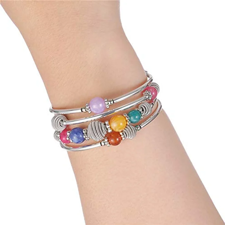 Bulinlin Silber Wickelarmband, Mehrschichtiges Damenarmband mit Natursteinperlen im Boho-Stil, farbenfroh, perfektes Geburtstagsmodegeschenk – Bild 4