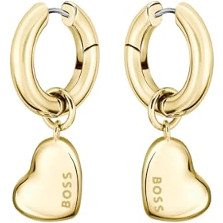 BOSS Jewelry Ohrringe Damen Kollektion HONEY LOVE, Gelbgold mit Herz-Anhänger, 20 mm Creolen, Scharnierverschluss