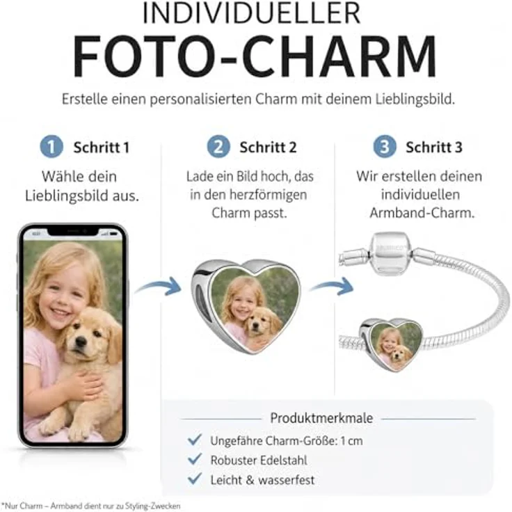 2Burned Personalisiert Schmuck Foto Charm Herzen, Edelstahl 316, kompatibel mit Pandora Armband und Kette, Hunde-, Katzenpfote mit Herz, 1,2 x 1,2 cm – Bild 5