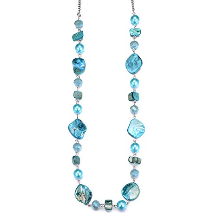 Bulinlin Damen Lange Perlenkette 35 Zoll Turquoise, Silber Metallkette, Boho Statement Modeschmuck für Hochzeitstag und Geschenke – Bild 1