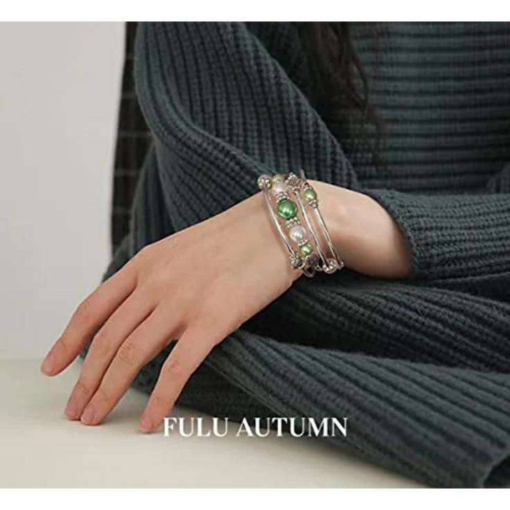 FULU AUTUMN Boho Wickelarmband, Mehrschichtiges Perlenarmband in Grün mit Silberakzenten, Modeschmuck für Damen, Geschenkideen zum Geburtstag und Muttertag – Bild 4