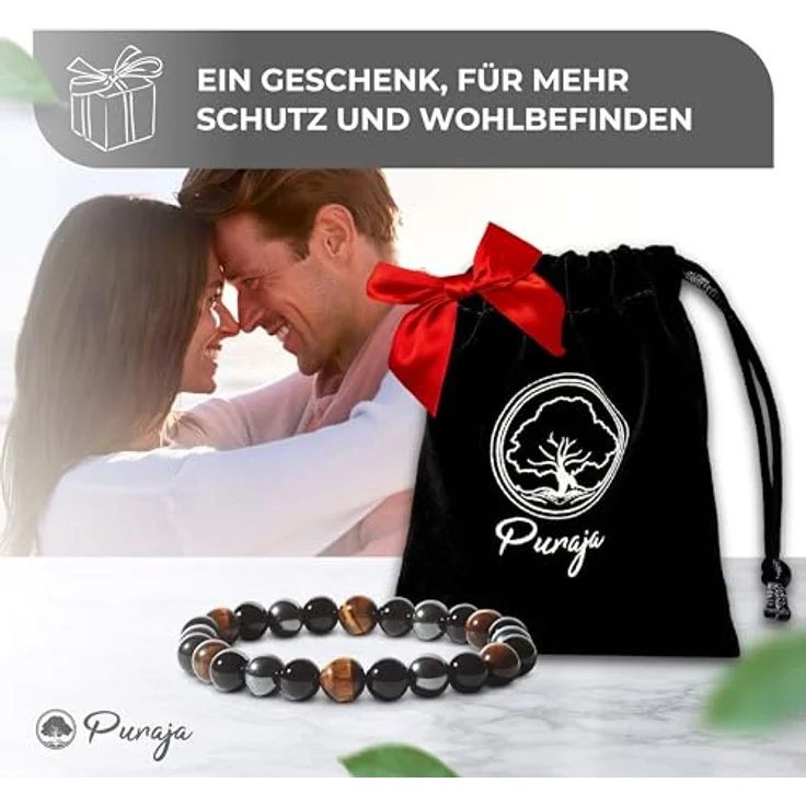 PURAJA Schutzarmband aus echten Edelsteinen, Dreifacher Schutz mit Turmalin, Tigerauge und Hämatit, elastisches Gummiband, 18 cm – Bild 5