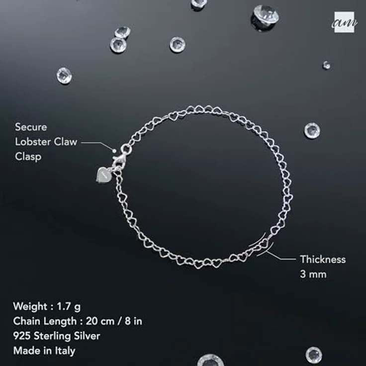Amberta Damen Herz Armband aus 925 Sterling Silber, hypoallergen, 20 cm, Silber – Bild 5
