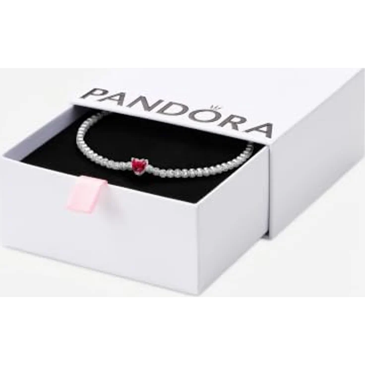 Pandora Tennisarmband aus 925 Sterlingsilber, mit rotem Kristall-Herz und Zirkonias, erweiterbar, 2,5 mm stark – Bild 7