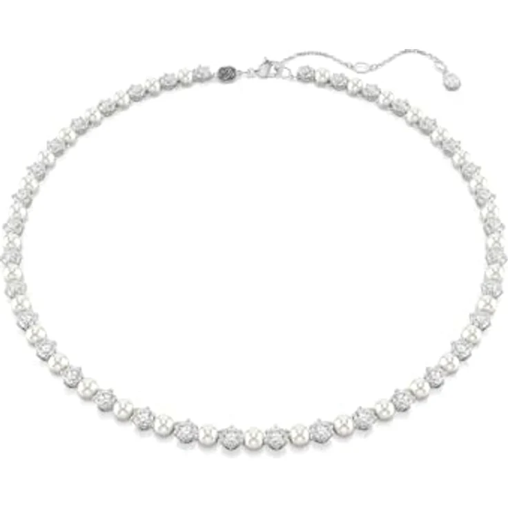 Swarovski Matrix Tennis Halskette, Rhodinierte Damenhalskette mit weißen Kristallen und kleinen Kristallperlen, Länge: 41-44 cm – Bild 1