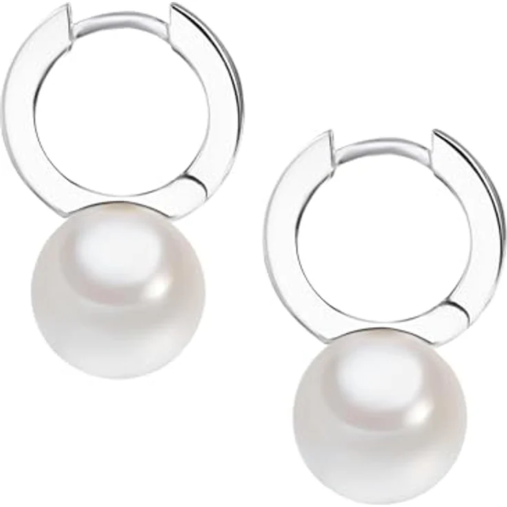 Rafaela Donata Damen-Ohrhänger Klappcreolen aus 925/- Sterling Silber mit weißen Muschelkernperlen (10 mm) und Zirkonia, glamouröser Perlenohrschmuck – Bild 3