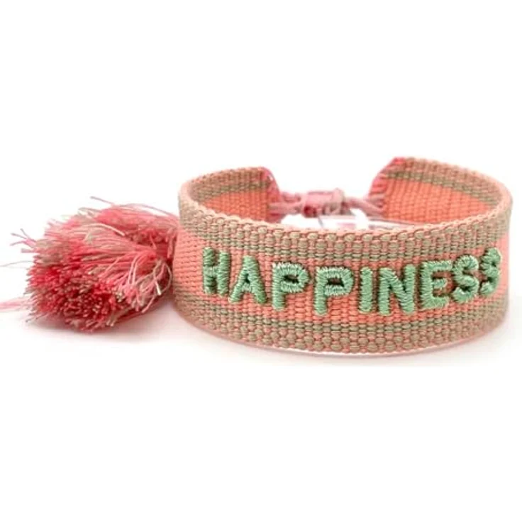 LS-LebenStil Exklusives Statement Armband - Happiness Lache, Sage Grün, 16-20cm, bestickt, Boho Canvas Webarmband mit Quasten – Bild 3